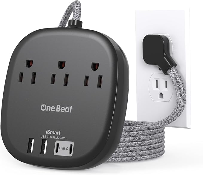 Cruise Ship Travel Essentials, 22.5W/4.5A Flat Plug Power Strip, Flat Extension Cord 3Ft, 3 Outlets 4 USB Ports (2 USB C) Cruise Approved Power Strip No Surge Protection, USB Charging Station, Black