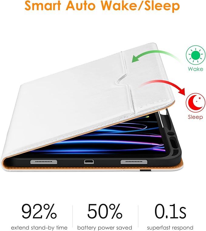 DTTO for iPad Pro 12.9 6th / 5th / 4th / 3rd Generation Case 2022/2021/2020/2018, Leather Folio Stand Cover with Built-in Apple Pencil Holder -Auto Wake/Sleep and Multi Viewing Angles, White