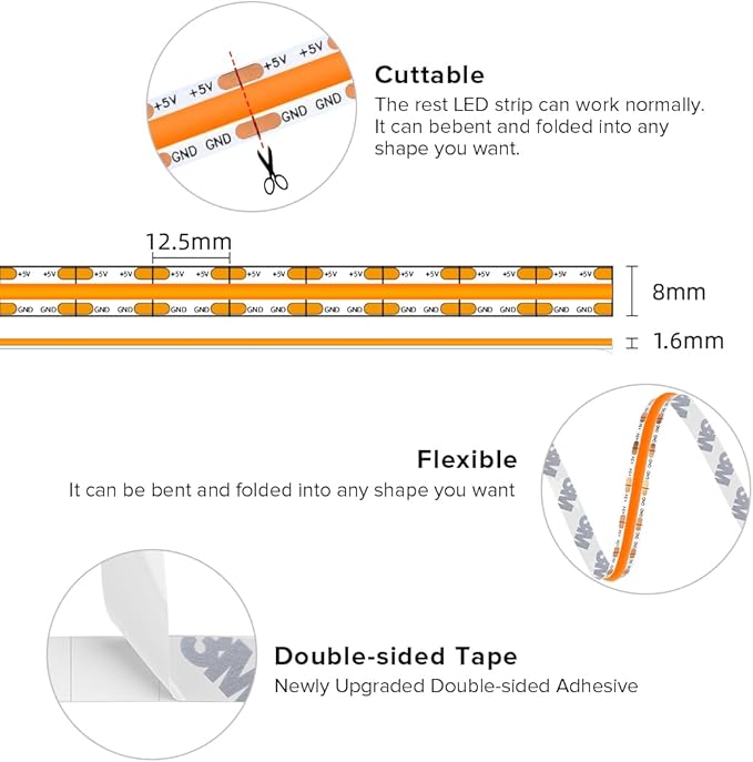 BTF-LIGHTING FCOB COB FOB LED Strip Lights 5V USB Powered 9.8FT 960LEDs Orange Color 8mm Width Dimmable CRI 90+ with 3M Tape Flexible High Density for 3D Printer TV Backlight PC DIY Decor