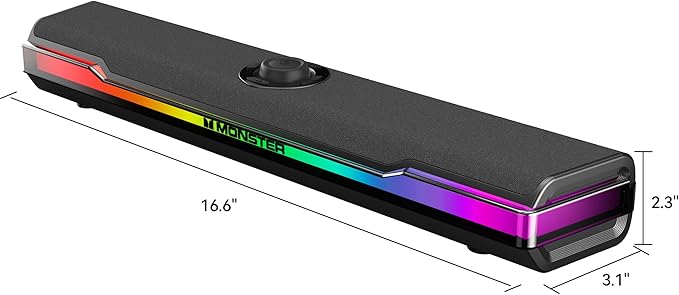 Monster S330 Computer Speakers, HiFi Stereo Sound PC Speakers, Bluetooth 6.0 Computer Sound Bar with Dynamic RGB Light, USB/Type-C Plug & Play, Gaming Speakers for Computer Desktop, PC, Laptop, Tablet