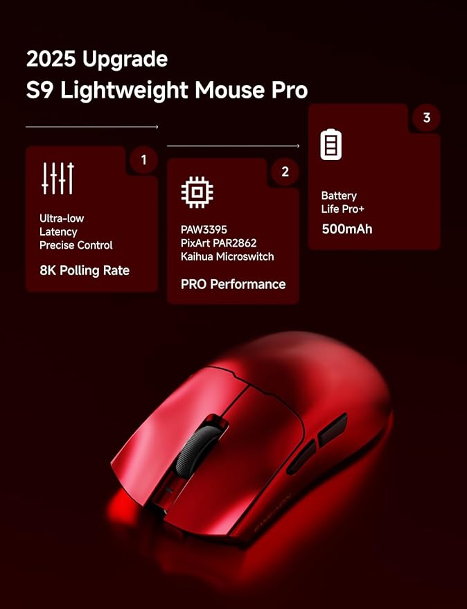 EWEADN S9 Ultra Wireless Gaming Mouse, 59G Ergonomic Computer Mouse, Triple Modes, 8K Polling, PAW3950 42K DPI Optical Sensor, Kailh Switch, 250h Battery Life, Programmable for PC/Win/Mac(Red)