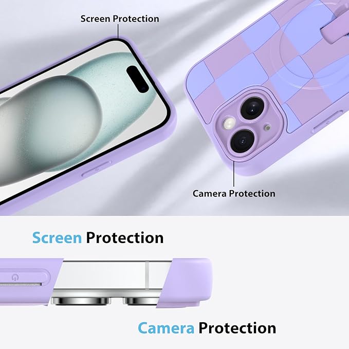 KANGHAR Compatible with iPhone 15 Case, Support for MagSafe, Silicone Checkered Cute Pattern, Wristband Kickstand Camera Protection Soft Slim Cover for Girls Women -Purple