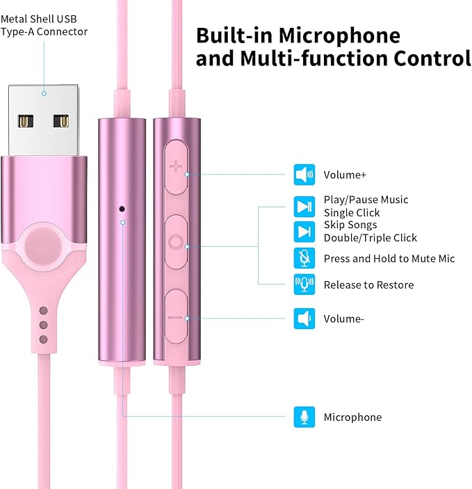 USB Headphones with Microphone for Laptop,7.5ft Magnetic Wired Earbuds Noise Canceling in-Ear Earphones with Mute Mic Volume Control Stereo Bass for PC Desktop Dell HP Acer Laptop,School,Women/Girl