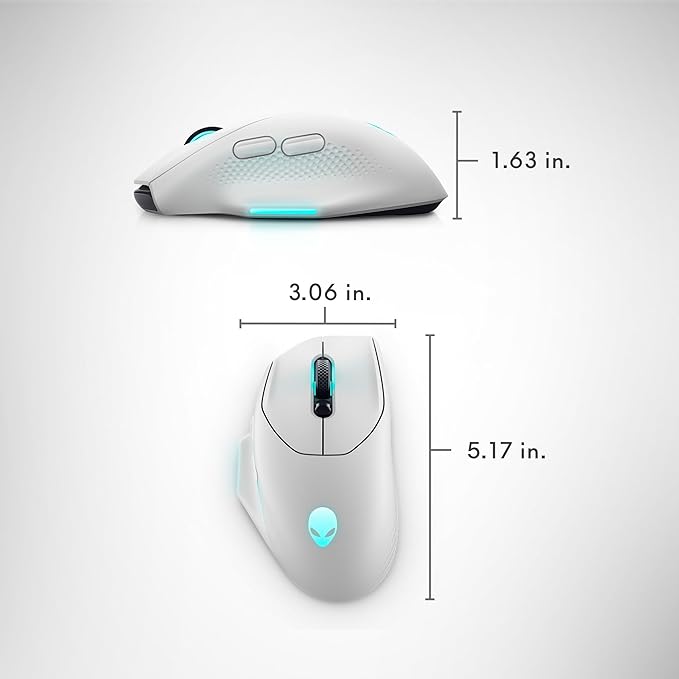 Alienware Wireless Gaming Mouse AW620M - Wireless/Wired, 1 x USB - 4 pin USB Type A, 26000 dpi, 3.52oz (99g) Weight, 7 Buttons, Non-Slip Grip, up to 140 Hours of Gaming - Lunar Light