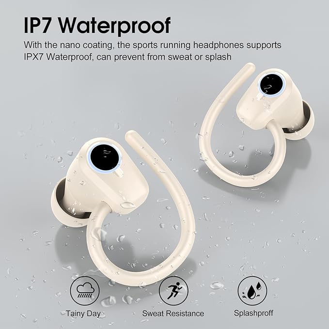 Wireless Earbuds, 2023 Bluetooth Headphones 5.3 Sport, 50H Ear buds with Earhooks, Dual LED Display, Bluetooth Earbuds, Bass Stereo Noise Cancelling Headphones, IP7 Waterproof Earphones, Off White