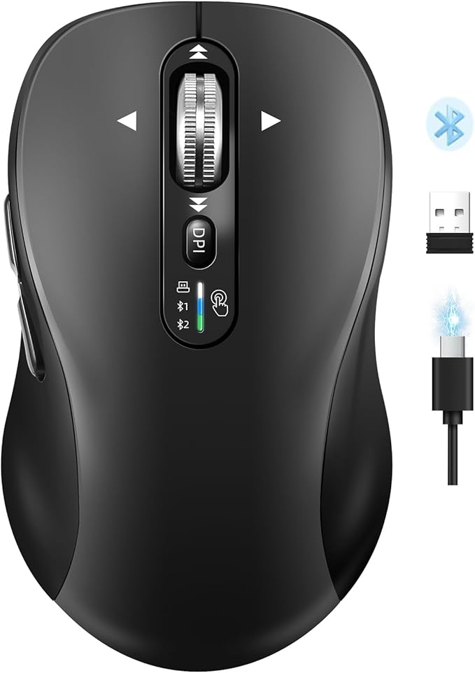 Wireless Bluetooth Mouse,Multi Device Ergo Computer Mouses,Metal 4-Way Super Scrolling,± 3200 DPI,10 Buttons,Plug&Play,Quiet,Rechargeable,USB Cordless Mice for Laptop,Tablet,Mac,iPad,PC,Phone (Grey)