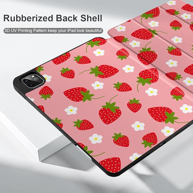 MEEgoodo Case for iPad Pro 12.9 Case M2 6th/5th/4th/3rd Generation 2022 2021 2020 2018, Protective Tablet Cover with Soft Back Shell for Kids, Strawberries & Flowers