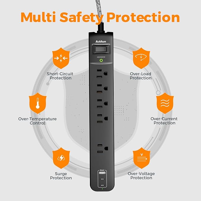 10Ft Long Surge Protector Power Strip - Extension Cord with Multiple Outlets, 5 Widely Outlets 3 USB Charging Ports, Flat Plug Overload Surge Protection, Wall Mount for Home, Office ETL Listed, 2 Pack