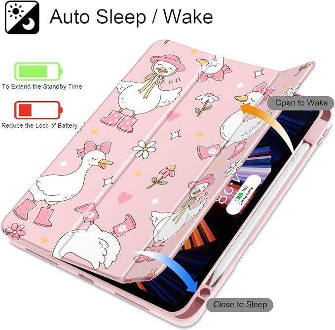 May Chen Case for iPad Pro 11-Inch M5/M4 2025/2024 (6th/5th Generation), [Penceil Holder] Trifold Stand Auto Wake/Sleep Clear TPU Protection Back Cover, Cute Goose Spring