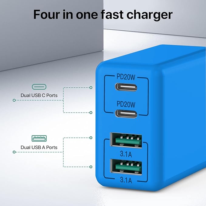 sccvee USB C Wall Charger, 40W 4-Port USB C Charger Block, Fast Charging Block Dual Port PD+QC Wall Plug Multiport Type C Compatible with iPhone 14/13/12/11/Pro Max/XS/XR/8/7, Tablet(Blue)
