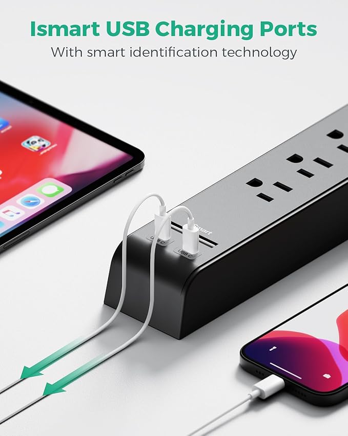 2 Pack 15FT Surge Protector Power Strip, Long Extension Cord with 6 Outlets 4 USB Ports, Flat Plug, 900 Joules, Wall Mount for Home Office Dorm