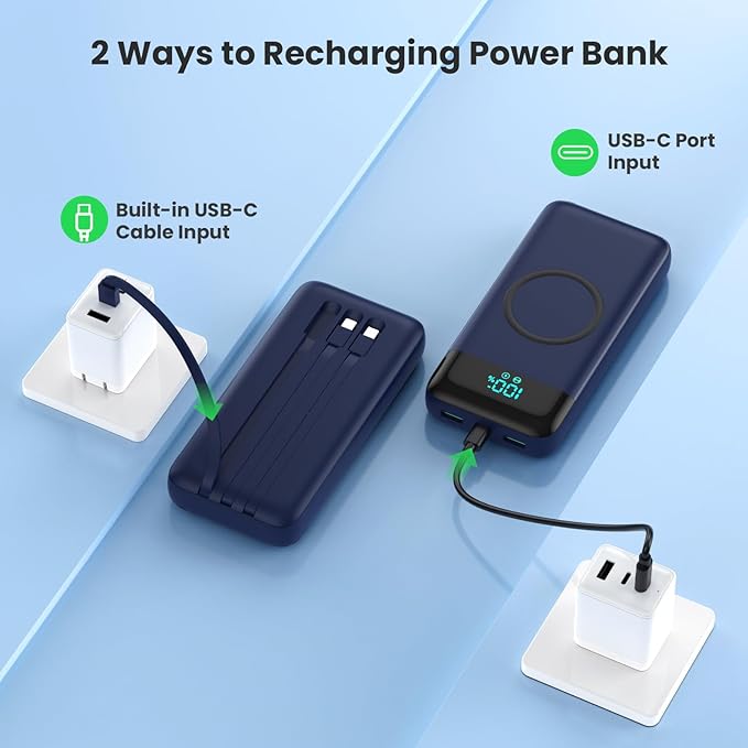 Wireless Portable Charger 40800mAh with 3 Built-in Cables,7-in-1 15W Wireless Charging Power Bank,25W PD QC 4.0 USB C Fast Charging Travel Essential Battery Pack for iPhone 17/16/15/13/12,Android-Blue