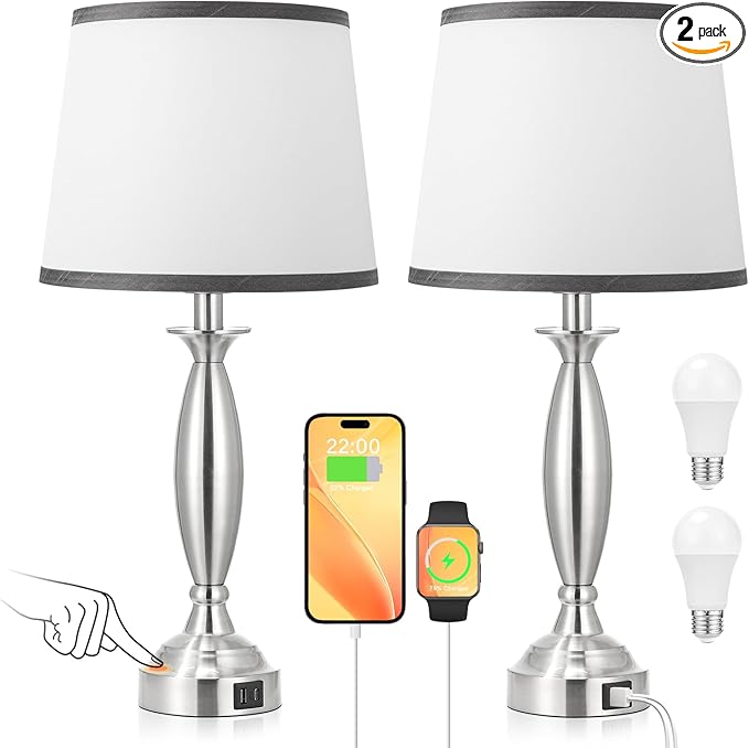 Seealle Touch Bedside Lamps for Nightstand Set of 2 - Bedroom Lamps with USB C+A, 3 Way Dimmable Nightstand Lamps, Brushed Nickel Table Lamps for Living Room (Bulbs Included)