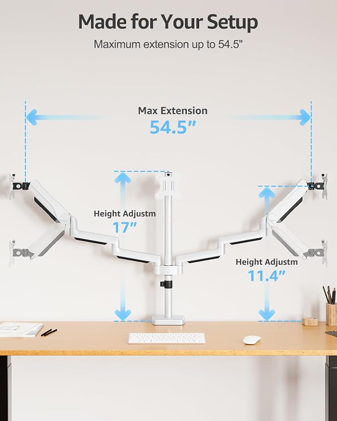 MOUNTUP Triple Monitor Stand Mount - 3 Monitors Desk Mount for Computer Screens Up to 27 inch, Triple Monitor Arm, Heavy Duty Monitors Stand, Each Arm Holds 4.4-19.8 lbs, White