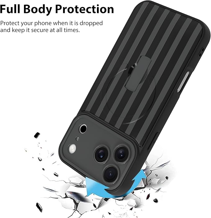 KANGHAR Compatible with iPhone 17 Pro Max Case, Support for MagSafe, Silicone Stripes Cute Pattern, Wristband Kickstand Camera Protection Soft Slim Cover for Girls Women -Black
