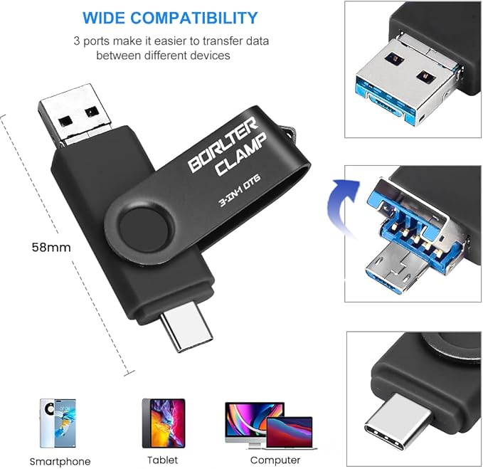 512GB 3 in 1 USB 3.0 Flash Drive Photo Stick for Android Phones, BorlterClamp OTG Memory Stick with 3 USB Ports (USB C, microUSB, USB A) for Samsung Galaxy, LG, Tablets, PC and More, Black