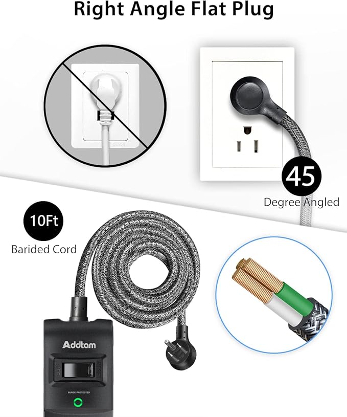 10Ft Long Surge Protector Power Strip - Extension Cord with Multiple Outlets, 5 Widely Outlets 3 USB Charging Ports, Flat Plug Overload Surge Protection, Wall Mount for Home, Office ETL Listed, 2 Pack