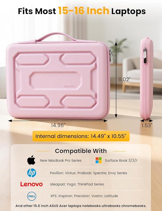 DOMISO Laptop Hard Case 15-16 inch Waterproof Shockproof Hard Shell Laptop Sleeve with Handle & Storage Pocket, Compatible with MacBook, HP, Dell,Pink