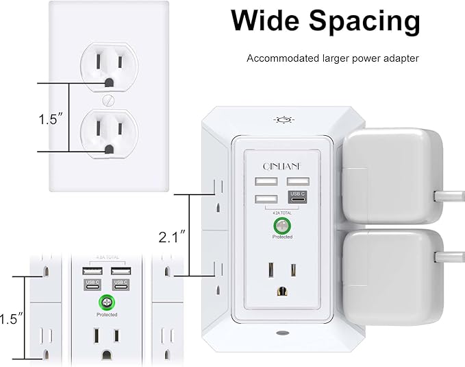 3-Sided Outlet Extender with Night Light - QINLIANF Multi Plug Outlet with 5 Outlets and 4 USB Ports(1 USB-C), USB Wall Charger for Home, Office, Travel, ETL Listed, White
