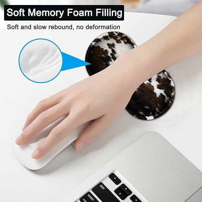 Large Gaming Mouse Pad, 31.5x11.8 in Extended Computer Mouse Mat with Non-Slip PU Base, Ergonomic Memory Foam Keyboard Wrist Rest, for Work & Gaming, Brown and White Cow Hair Office Desk Pad