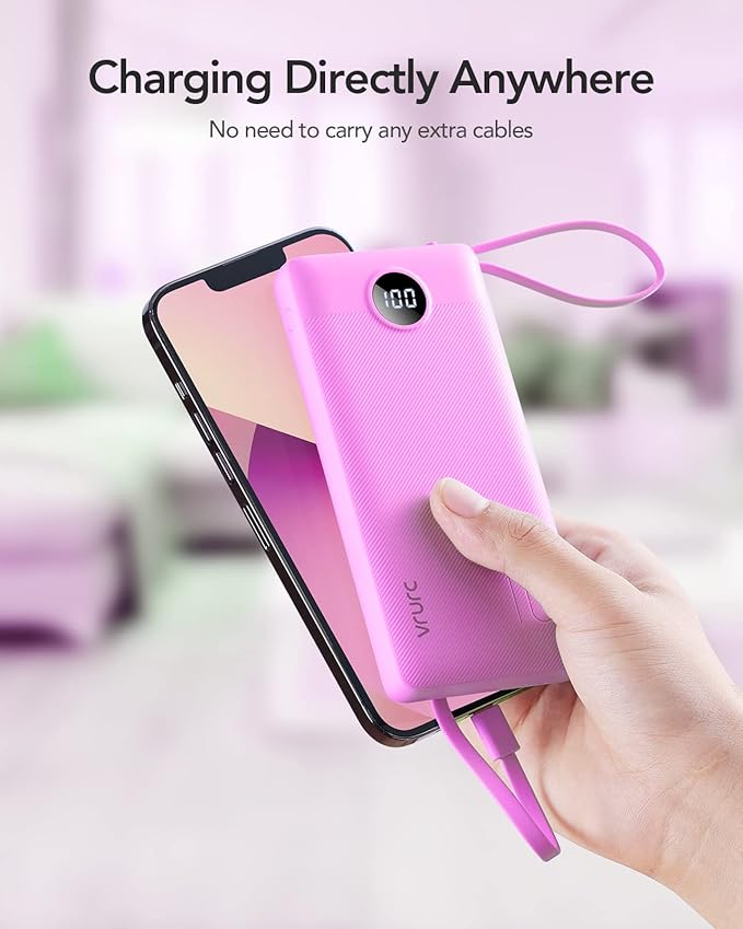 VRURC Power Bank for iPhone, Compact Portable Charger Built in Cables, 10000mAh Flight-Safe Battery Pack,5 Output USB C External Phone Charger for iPhone 17 Pro 17 16 15 14 13,Samsung-Purple(1 Pack)