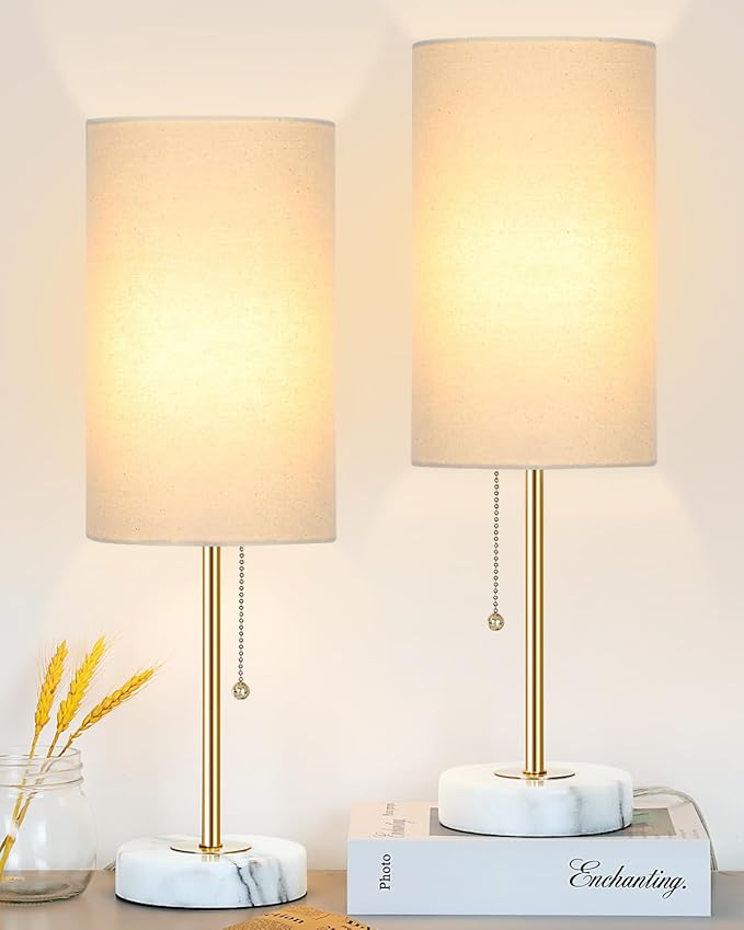 JUNNAI 18.5" Desk Lamp & Table Lamp Set of 2, Skinny Bedside Lamp with Marble Base, Pull Chain Switch, 3-Way Dimmable, Linen Fabric Shade, Small Nightstand Lamps for Living Room, Bedroom, Reading