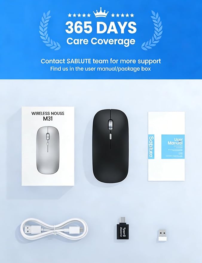 SABLUTE M31 Bluetooth Mouse for MacBook Pro/Air, iPad - Rechargeable Tri-Mode Wireless Mouse for 3 Devices (BT 5.2 + 2.4G), Sleek Slim Silent Mouse for Surface, Windows, Black