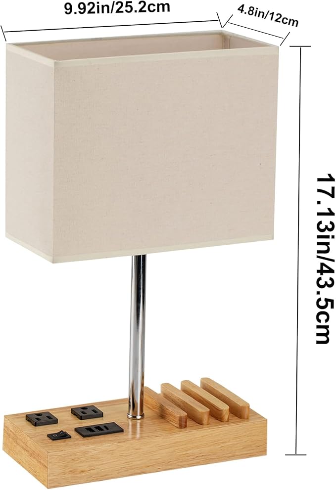 Briever Upgraded 3 USB Table Lamp with 2 USB A & C Charging Ports, Bedside Desk Lamp with 2 AC Outlets and Wooden Phone Stand Organizer, Nightstand Lamp for Bedroom, Living Room, Office, Natural Wood
