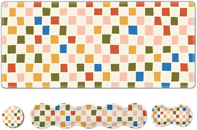 ARTSO Large Mouse Pad with Keyboard Wrist Pad and Mouse Wrist Pad Set, Ergonomic Computer Desk Wrist Support Mousepad for Keyboard and Mouse-Vintage Color Plaid