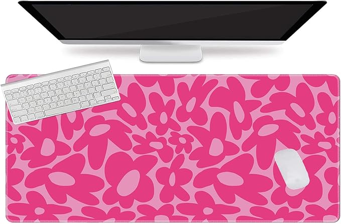 L-SPOUTTO Pink Gaming Mouse Pad Large Desk Mat XXL Mouse Pad Non-Slip Rubber Base Keyboard Pad Waterproof Desktop Mat for Laptop Computer Work Game Home Office-Hot Pink Daisy