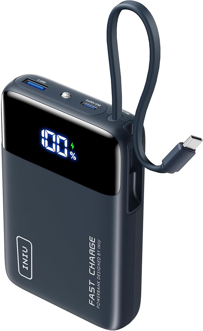 INIU 20000mAh Power Bank, Smaller 45W PD Fast Charging Portable Charger, Battery Pack with Build in USB C Cable, Travel Phone Flight-Safe Powerbank for iPhone 17 16 Samsung S26 Google iPad, Blue