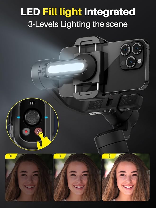 AOCHUAN Professional Gimbal Stabilizer for Smartphone,Built-in 18CM Extension Rod and Powerful Fill Light,360°Inception,Face&Object Tracking Stabilizer,3-Axis Gimbal for iPhone& Android-Smart S2