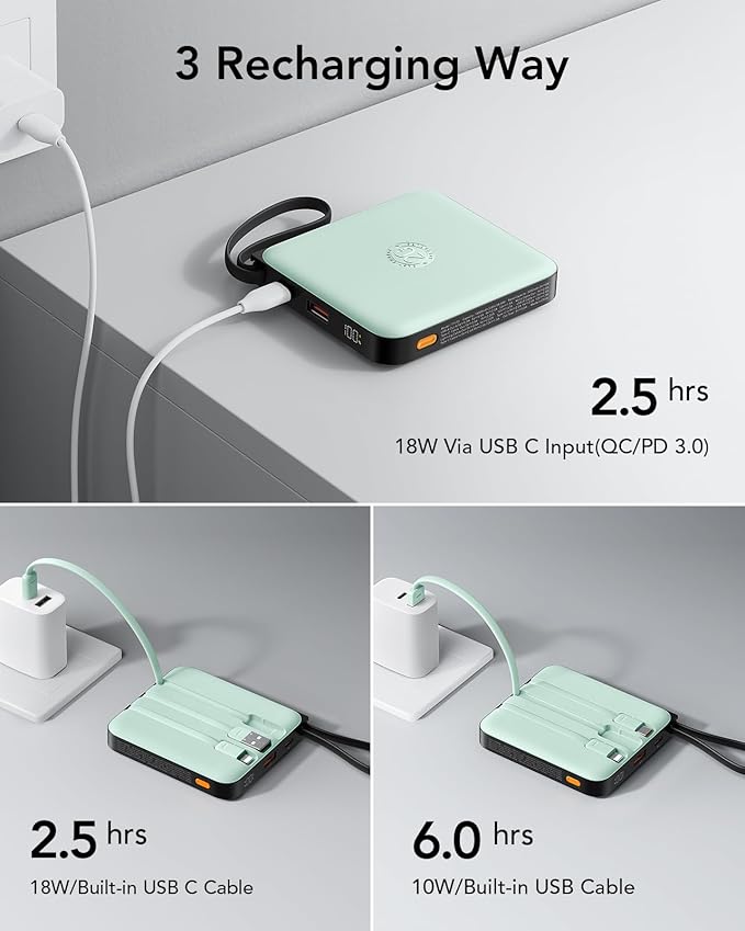 VRURC Portable Charger with Built-in Cable, 10000mAh 22.5W Fast Charging USB C Battery Pack, Cell Phone Power Bank for iPhone 17 16 15 Series Android Tablet (Green)
