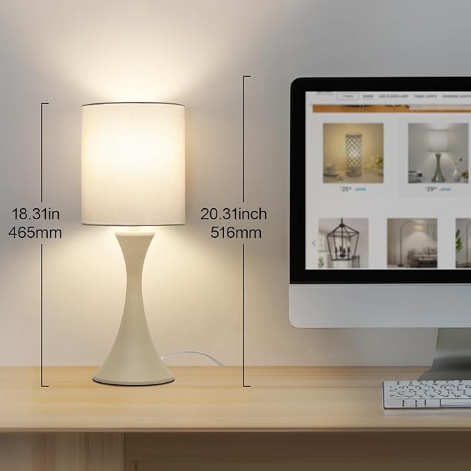Seaside village Dimmable Bedside Lamp, 3 Way Touch Control Table Lamp, Modern Nightstand Lamp with Beige Shade and Cream Base, Small Desk Lamp for Living Room, Dorm, Home Office, 9W LED Bulb Included
