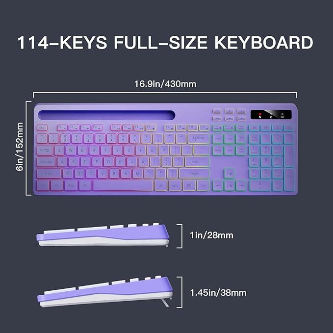 Soueto Wireless Keyboard with 7-Color RGB Backlit, Full-Size Computer Keyboard with Phone Tablet Holder, 2.4G Rechargeable Gaming Keyboard with Light Up Keys, Compatible with Mac, Windows (Purple)