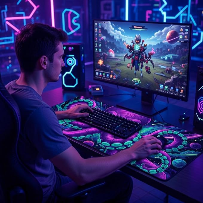 Blacklight Octopus Mouse Pad – UV Reactive Neon Tentacle Galaxy Desk Mat, Glow in The Dark Extended Gaming Mousepad with Colorful Cosmic Kraken Art for Gamers, Room Decor - 31.5" x 11.8"