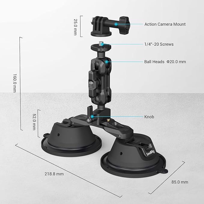 SmallRig Camera Suction Cup Mount, Mount for GoPro 13/12, for DJI Action 6/5, on Car Window, Windshield, for Sony DSLR, Lightweight Camera, Vehicle Shooting,Vlogging, with Action Camera Mount-3566