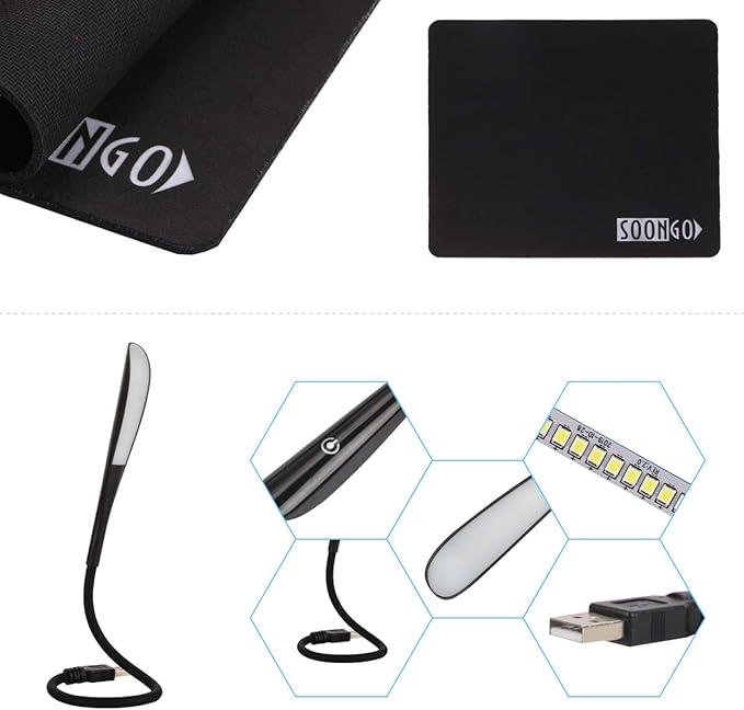 SOON GO Mini Mouse Pad Kids Mice for Laptop USB LED Light 3 in 1 Gift Combo Mouse Pad Non-Slip Rubber Base USB Reading Lamp with Dimmable Touch Switch and Flexible Gooseneck for Laptop Home Office