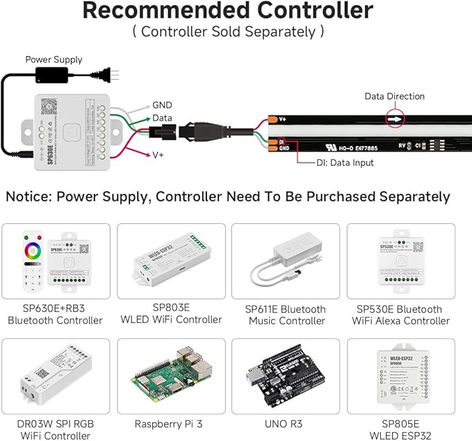 BTF-LIGHTING WS2811 Smart IC RGB FCOB COB LED Strip, UL Listed 630LEDs/m High Density Color Chasing Uniform Light, DC24V 16.4FT 10mm Width Black PCB for Home Party DIY Decor(No Adapter or Controller)