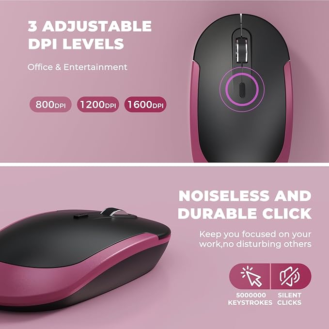 Rechargeable Wireless Keyboard and Mouse Combo, Vssoplor 2.4GHz Ultra Quiet & Slim Full Size Keyboard with 3-Level DPI Mouse for Windows PC Laptop, Black and Wine Red