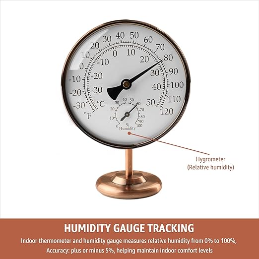 4-Inch Indoor Thermometer and Humidity Gauge, Room Analog Temperature and Humidity Monitor, Dual Scale Display, Brass Dial with Stand, Battery-Free for House, Home, Desk, Bedroom, Garage, RV