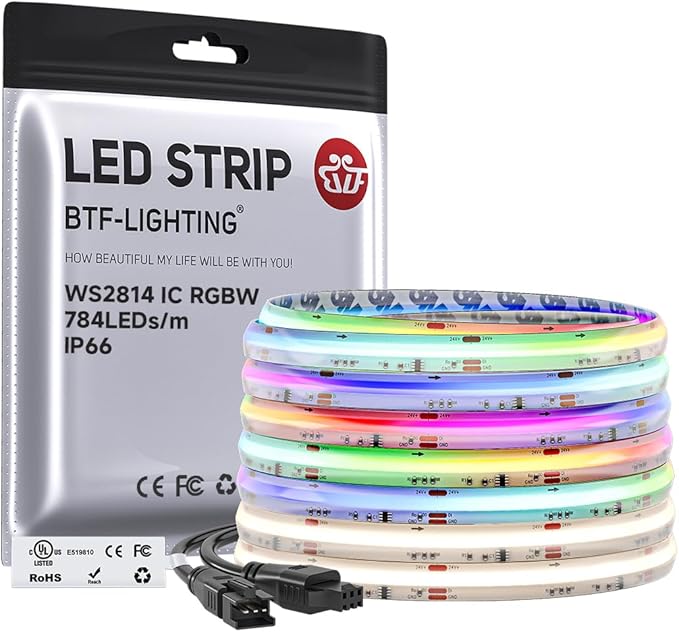 BTF-LIGHTING FCOB COB LED Strip Light IP66, WS2814 Smart IC RGBW 4000K Color Chasing Light, UL Listed DC24V 24FT 784LEDs/m High Density 10mm Width for Home Party DIY Decor(No Adapter or Controller)