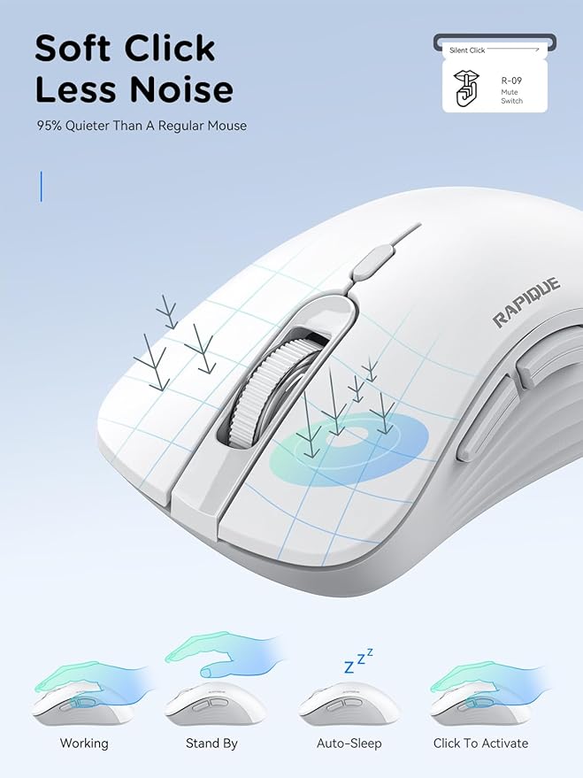 RAPIQUE Wireless Mouse - Dual Bluetooth & 2.4 GHz USB Receiver, Ergonomic Design, Quiet Clicks, Low Power - Multi-Device Compatibility for Laptop, Computer, iPad, MacBook, Chromebook (White and Grey)