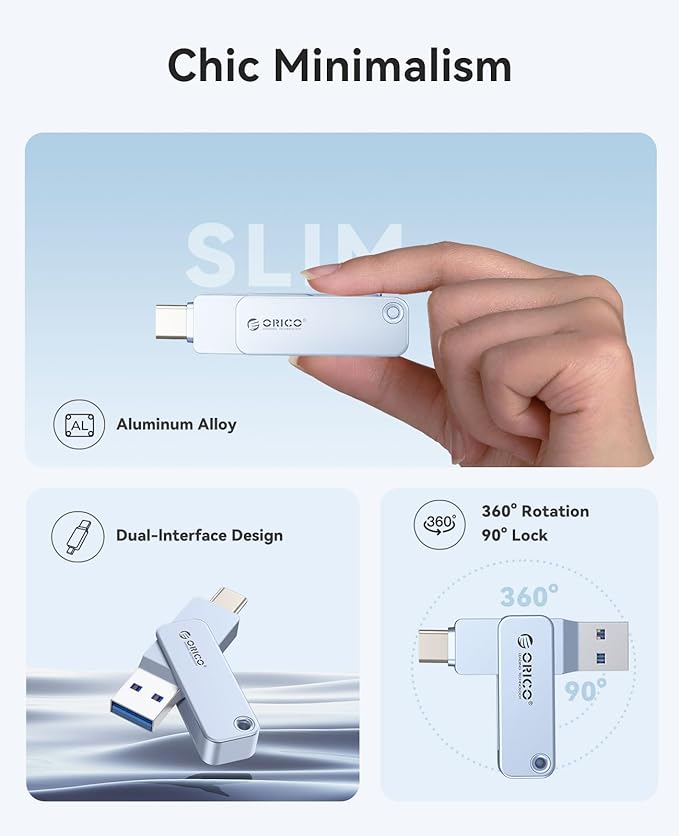 ORICO USB-Cand USB-A Flash Drive 150MB/S Metal Housing Swivel Design Support OTG Function 2 in 1 PenDrive 256GB for USB C and USB A Devices -EB05 BL