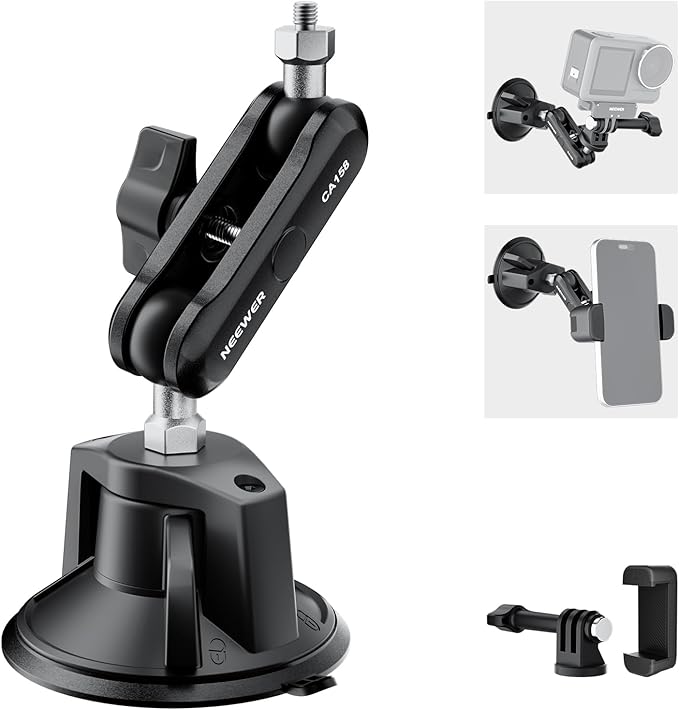 NEEWER Suction Cup Phone Holder & Camera Mount Compatible with GoPro DJI Insta360 iPhone, Car Phone Mount with Action Camera Adapter 360° Magic Arm for Vlogging Video Recording, CA158