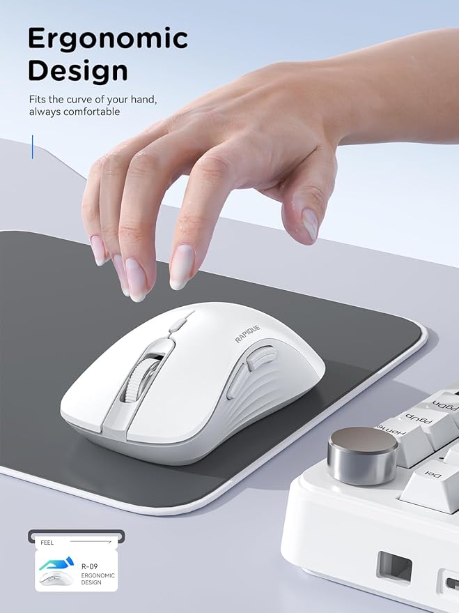RAPIQUE Wireless Mouse - Dual Bluetooth & 2.4 GHz USB Receiver, Ergonomic Design, Quiet Clicks, Low Power - Multi-Device Compatibility for Laptop, Computer, iPad, MacBook, Chromebook (White and Grey)