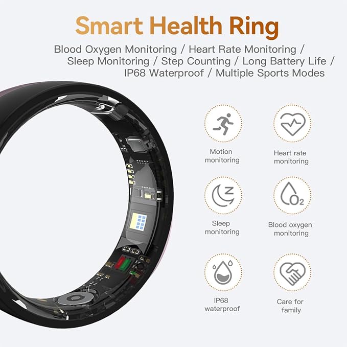 Ceramics Smart Ring, Health Fitness Tracker for Women Men with Heart Rate Monitor, Sleep Tracking, BP SpO2, Activity Tracker, Friend Care Scratch Resistant Free App Subscription (Black, 8#)