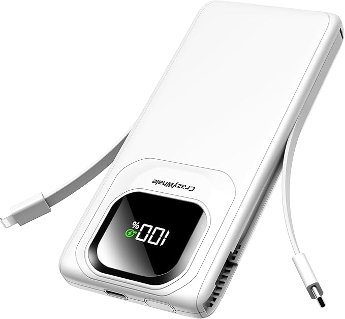 Portable Charger with Built-in Cables,22.5W Super Fast Charging Power Bank Slim Phone Charger,10000mAh Travel Battery Pack Battery Bank with Smart LED Display for iPhone, Android & USB-C