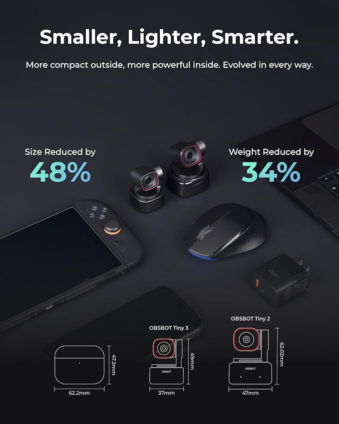 OBSBOT Tiny 3 AI-Powered Spatial Audio 4K Webcam, AI Tracking PTZ Camera with 1/1.28" Sensor, Tri-Mic, Voice & Gesture Control, 120FPS, HDR, Web Cam for PC, Laptop, Streaming, Meeting, Switch 2, etc.