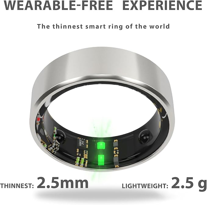 Smart Ring Health Tracker with Free Subscription, Fitness Sleep Heart Rate Blood Oxygen Tracking Ring with Charging Case,Great Gift,Silver,US E